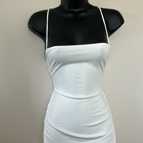 Princess Polly Maeve White Square Neck Ruched Side Tie Lace Back Cut Out Dress - Picture 5 of 13